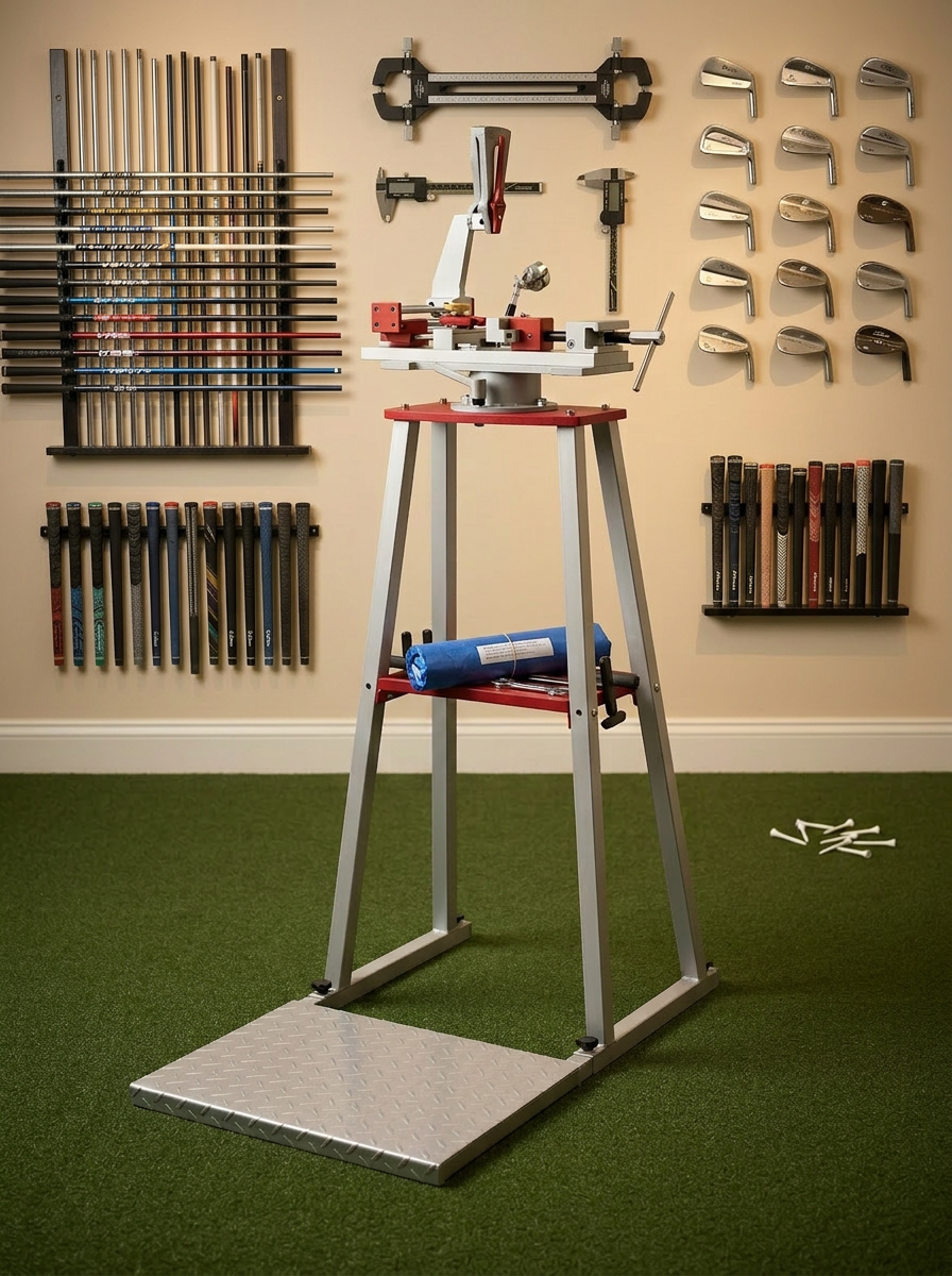 NiceDivot's professional loft and lie bending machine surrounded by neatly organized golf shafts, grips, and iron club heads