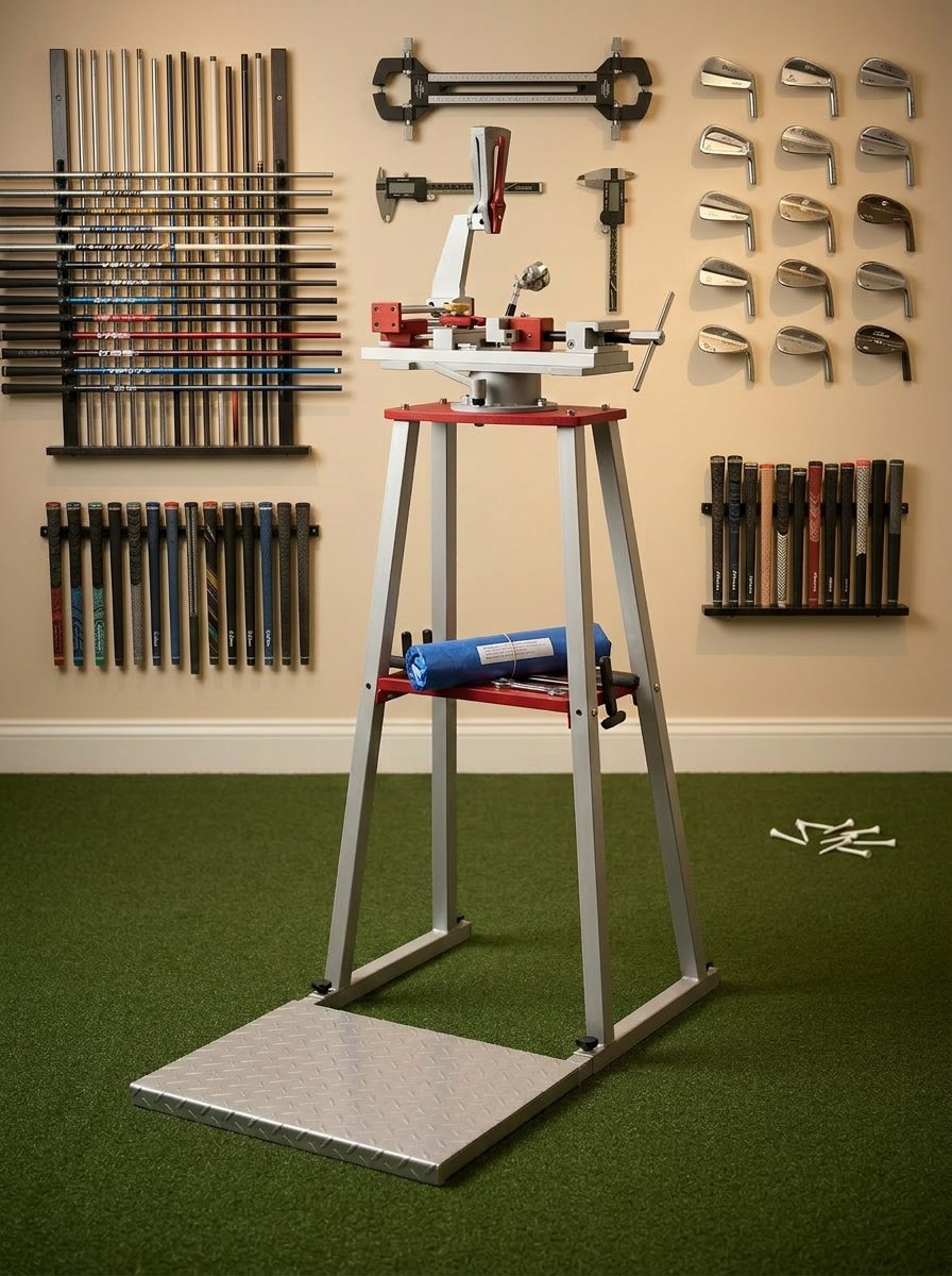 NiceDivot's professional loft and lie bending machine surrounded by neatly organized golf shafts, grips, and iron club heads